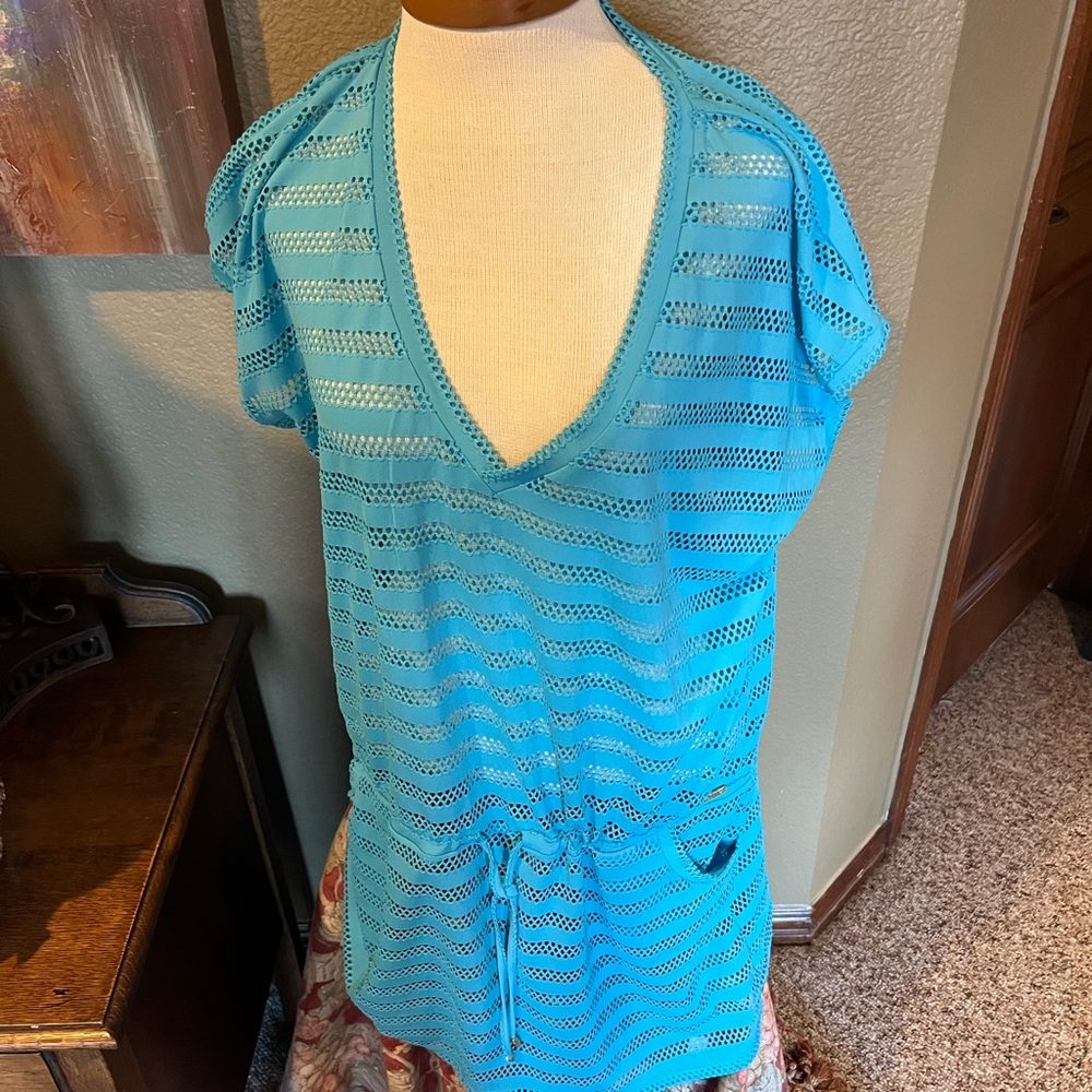 Calvin Klein Aqua Blue Crochet Mesh Swim Coverup